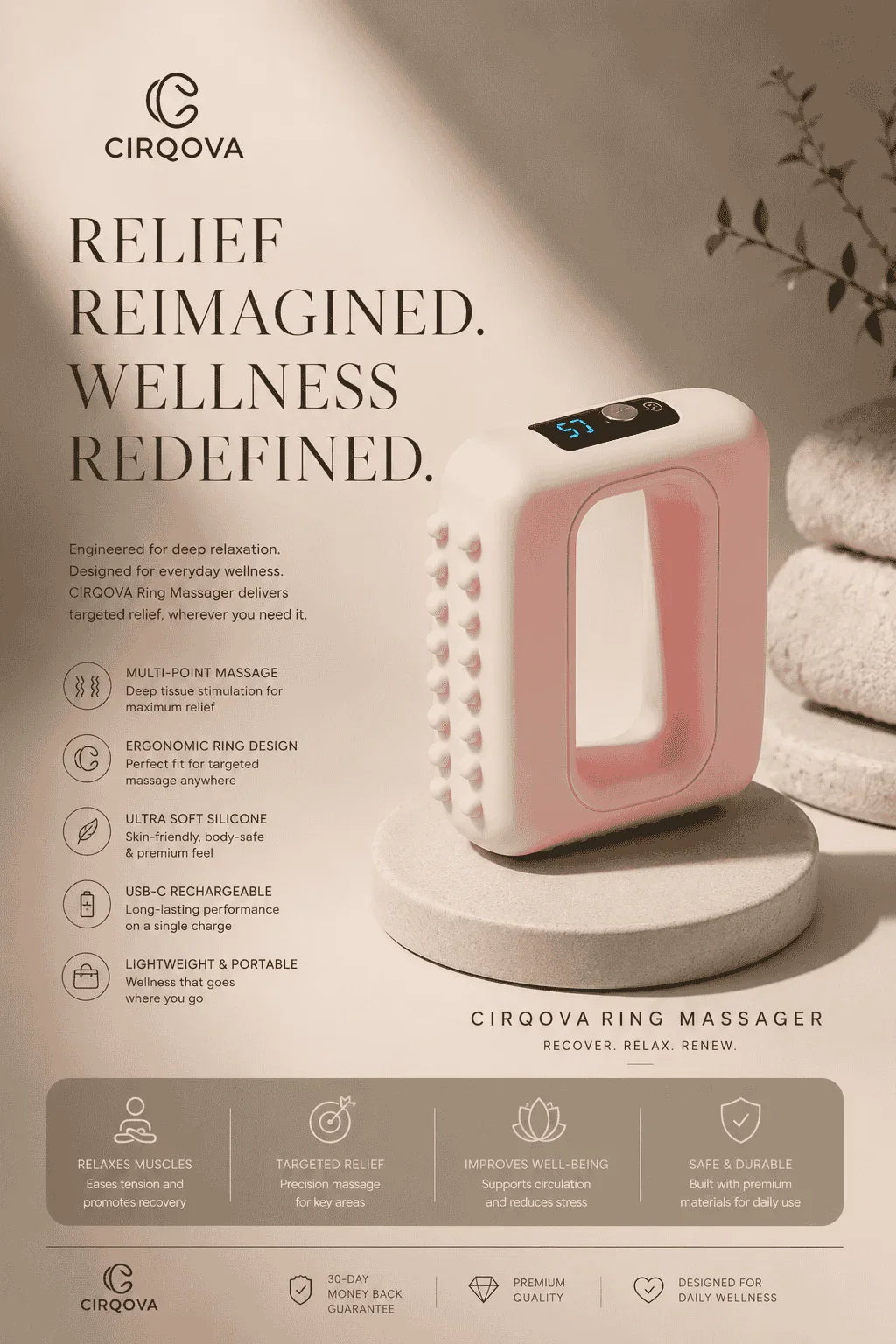 Hands-free ring massager with ergonomic design, soft silicone texture, and digital display for targeted muscle relief.