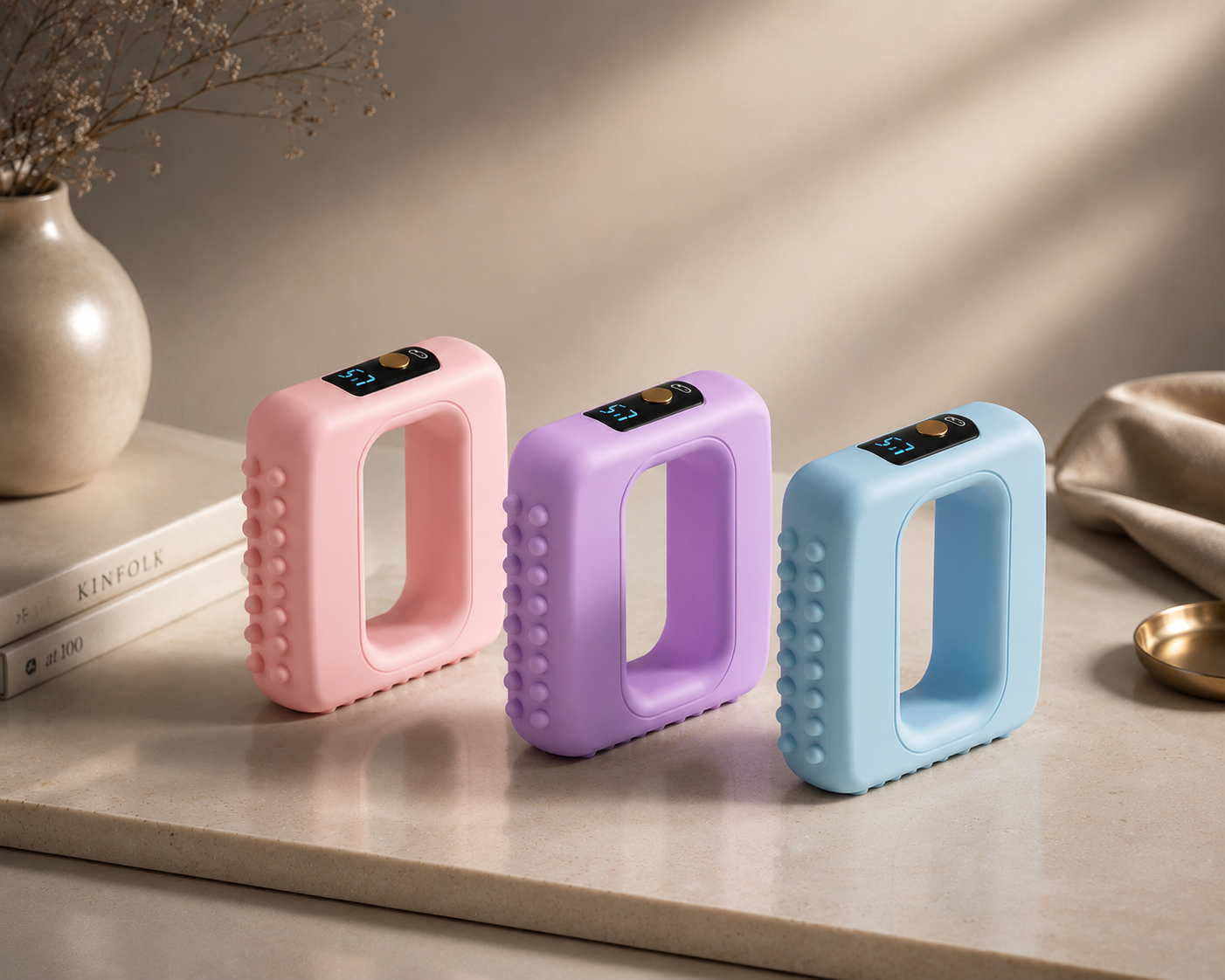 Three pastel-colored rectangular devices with digital displays on a neutral surface.