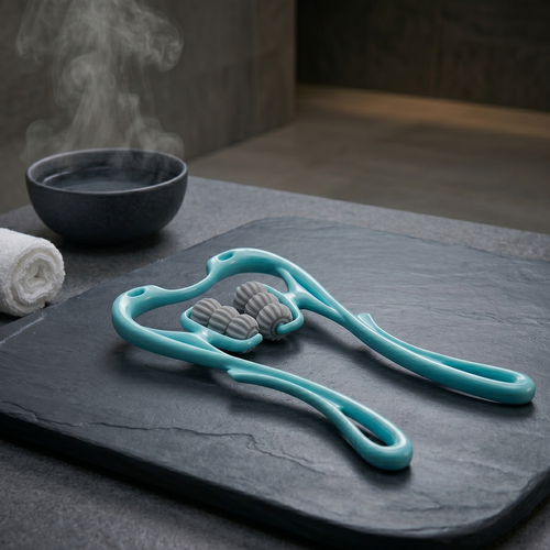 Turquoise facial roller with gray rollers on a dark slate surface, with a bowl and towel in the background.