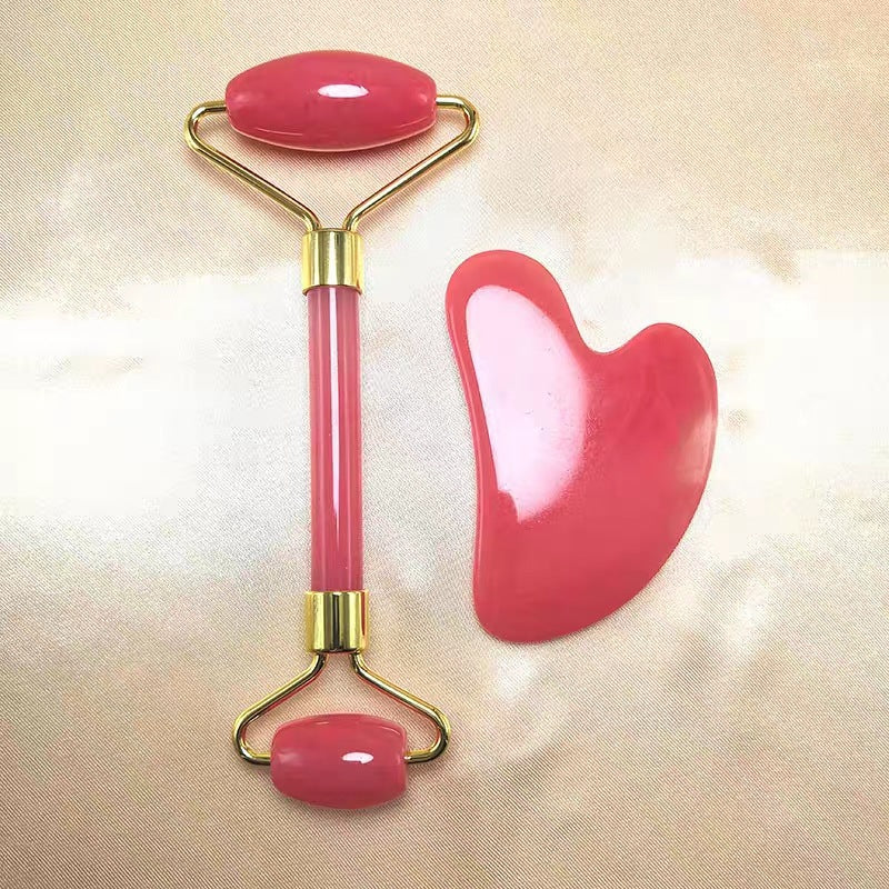 In stock: Resin rose quartz massage roller, imitation jade beauty bar, facial massager, double-headed roller gua sha set.