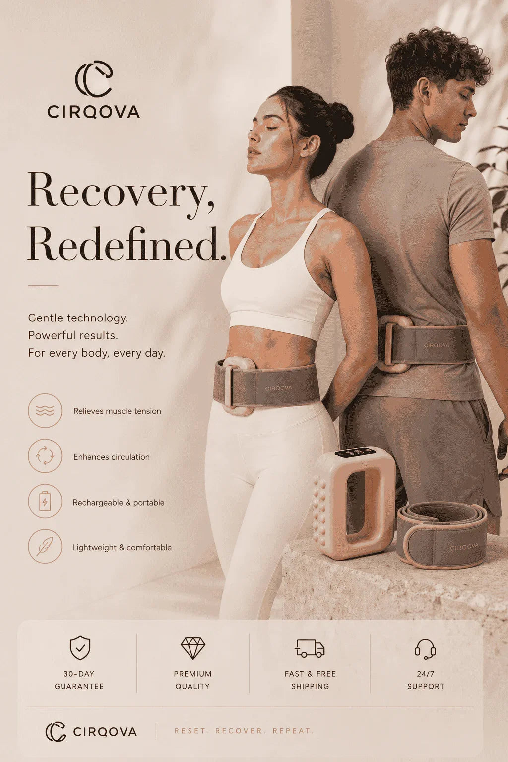 Hands-free massager belt for muscle tension relief, portable & rechargeable recovery device